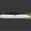 White And Brown Military Submarine With Yellow Tail Fins And Top Weapon Structures