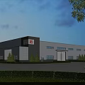 Modern Industrial Factory Building Exterior Design With AS Logo Landscaped Lawns Trees And Parking Area