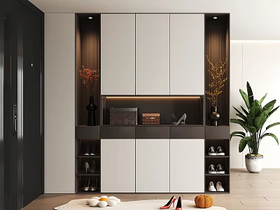 Modern Elegant Shoe Cabinet Design With White Dark Doors Storage Shelves And Decorative Plants 3d model
