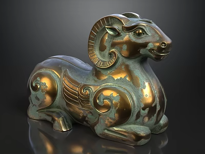 Bronze Sheep Sculpture With Spiral Horns Intricate Patterns And Shiny Surface In Reclining Posture 3d model