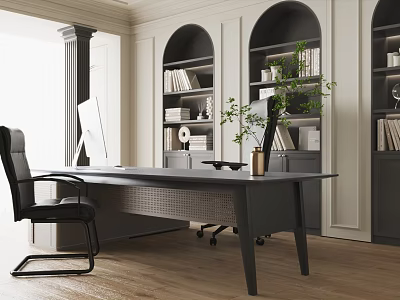 Modern Office Interior Design With Large Desk Black Chair Bookshelves Green Plant And Computer 3d model