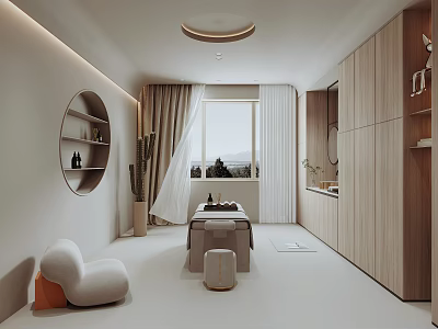 Modern SPA Sauna Interior With Massage Table Wooden Cabinets And Floor to Ceiling Window 3d model