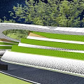 Modern Building Exterior With Curved White Facade Green Lawn Trees And Night Sky