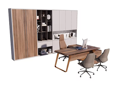 Wooden Office Desk And Chair Set With Modern Cabinet And Office Supplies 3d model