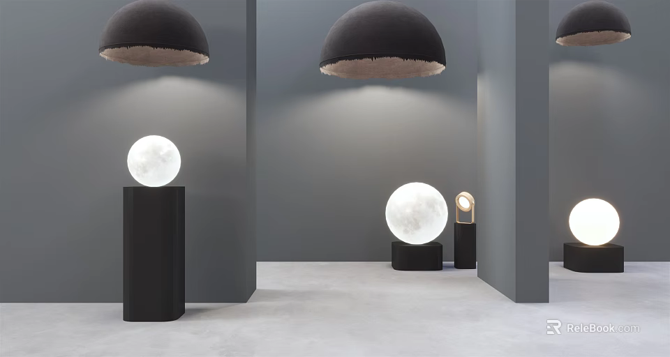 Modern Lighting Combination With Black Shade Pendant Lights And White Spherical Floor Lamps 3d model 