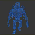 Game Movie Character Robot With Metal Armor Red Glowing Eyes And Red Emblems