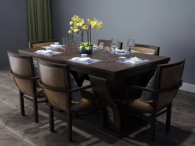 Dark Wooden Dining Table Set With Matching Chairs Tableware Wine Glasses And Yellow Flowers 3d model