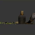 Rustic Household Items Featuring Green Liquid Bottle Horn Container Wooden Handle Sickle And Green Plants