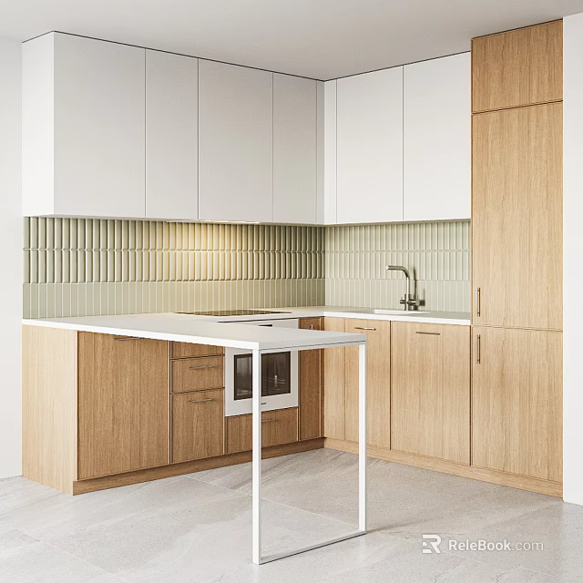 Light Oak Kitchen Cabinets With White Upper Units Vertical Striped Tile Backsplash And Oven Countertop 3d model 
