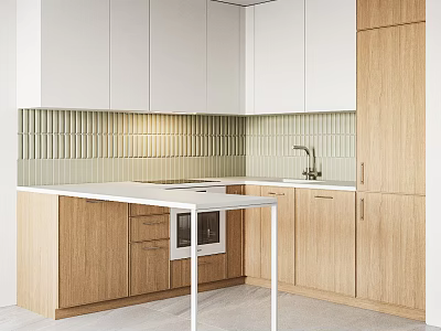 Light Oak Kitchen Cabinets With White Upper Units Vertical Striped Tile Backsplash And Oven Countertop 3d model