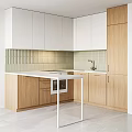 Light Oak Kitchen Cabinets With White Upper Units Vertical Striped Tile Backsplash And Oven Countertop