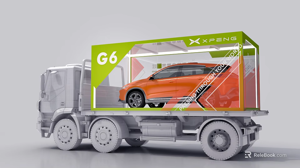 Orange XPeng G6 Electric Vehicle Transported on Truck With Transparent Container 3d model 