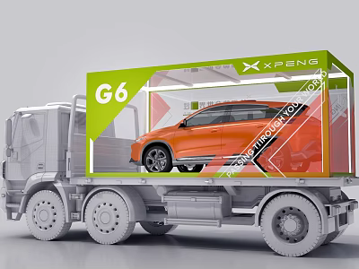 Orange XPeng G6 Electric Vehicle Transported on Truck With Transparent Container 3d model