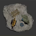 Yellow Robotic Arm Handling Wooden Plank Blue Barrel And Green Cloth On Stone Platform