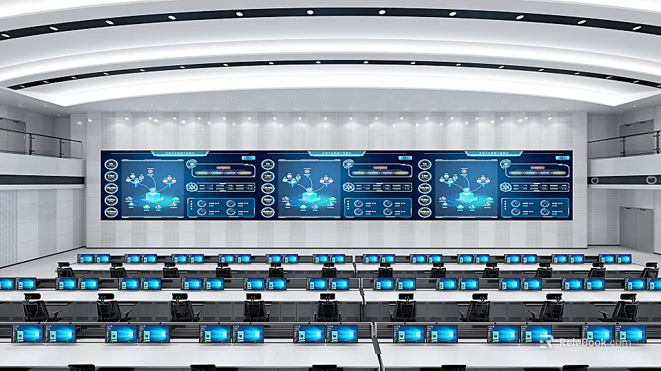 Modern Control Room Interior With Multiple Monitoring Screens Control Desks And Equipment 3d model 