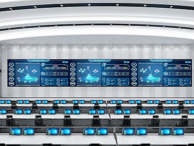 Modern Control Room Interior With Multiple Monitoring Screens Control Desks And Equipment 3d model