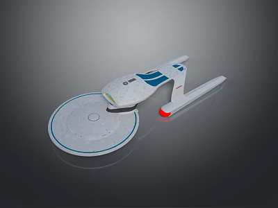 Detailed Starship Model White With Blue Stripes Disc Shaped Hull And Red Engine Accent 3d model