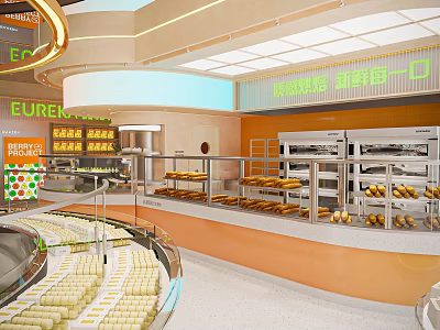 Bright Dessert Shop Interior With Glass Display Cases And Fresh Pastries Bread Arrangements 3d model
