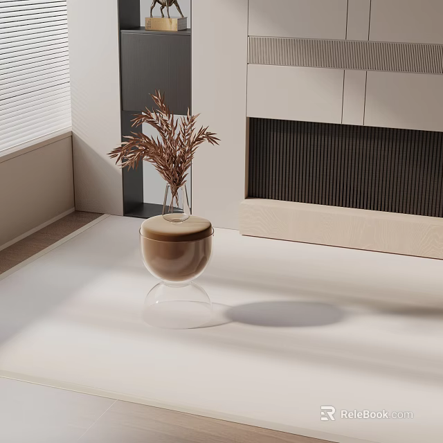 Modern Side Table With White Top Transparent Base Brown Lidded Container And Dried Flowers 3d model 