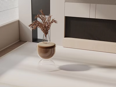Modern Side Table With White Top Transparent Base Brown Lidded Container And Dried Flowers 3d model