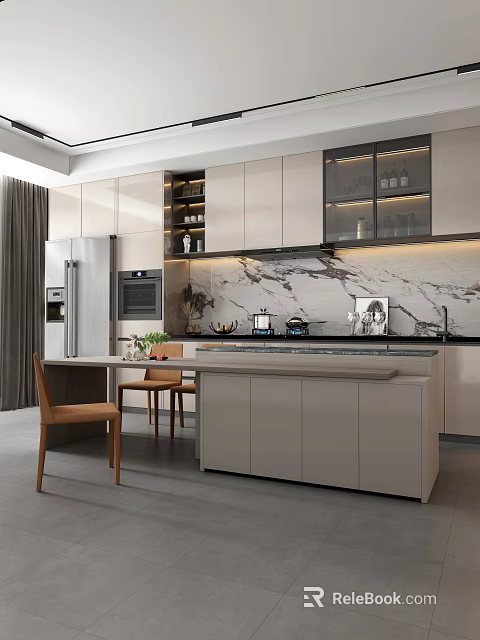 Modern Kitchen Interior Design With Island Counter Marble Backsplash Cabinets And Appliances 3d model 