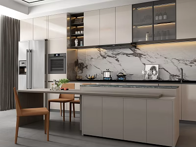Modern Kitchen Interior Design With Island Counter Marble Backsplash Cabinets And Appliances 3d model