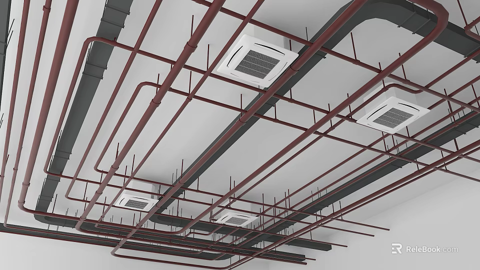 Industrial Ceiling Pipes Installation With Red Black Pipes And Ventilation Units 3d model 