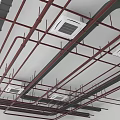 Industrial Ceiling Pipes Installation With Red Black Pipes And Ventilation Units