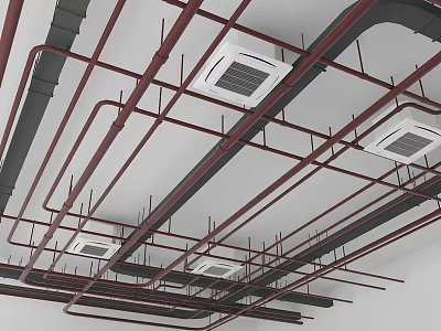 Industrial Ceiling Pipes Installation With Red Black Pipes And Ventilation Units 3d model