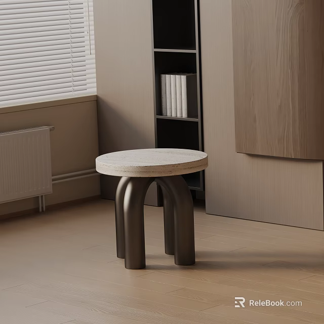 Modern Minimalist Round Side Table With Marble Top And Arched Black Metal Legs In Living Room With Wooden Shelf 3d model 