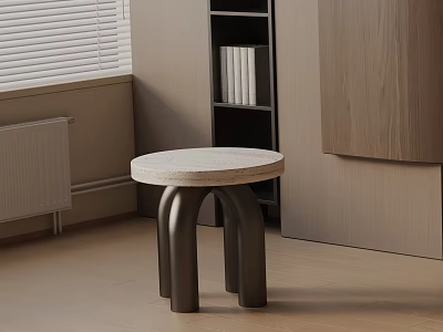 Modern Minimalist Round Side Table With Marble Top And Arched Black Metal Legs In Living Room With Wooden Shelf 3d model