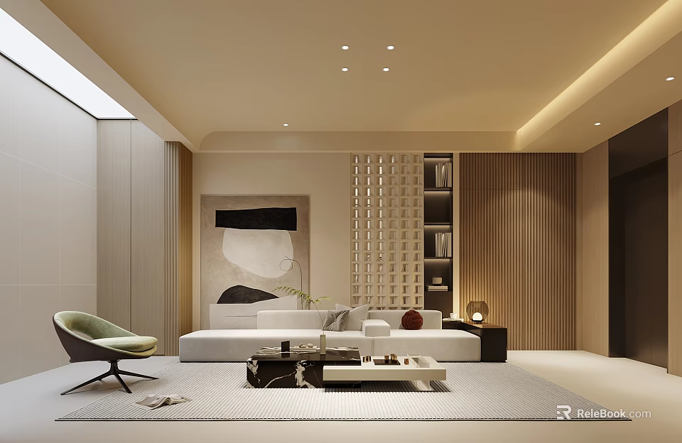 Modern Living Room Design With White Sofa Green Armchair Coffee Table Artwork And Bookshelf 3d model 