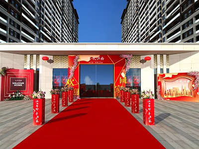 Grand Celebration Building Entrance With Red Carpet Pillars Lanterns And Decorations 3d model