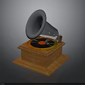 Vintage Gramophone with Metallic Horn and Rotating Turntable on Wooden Base