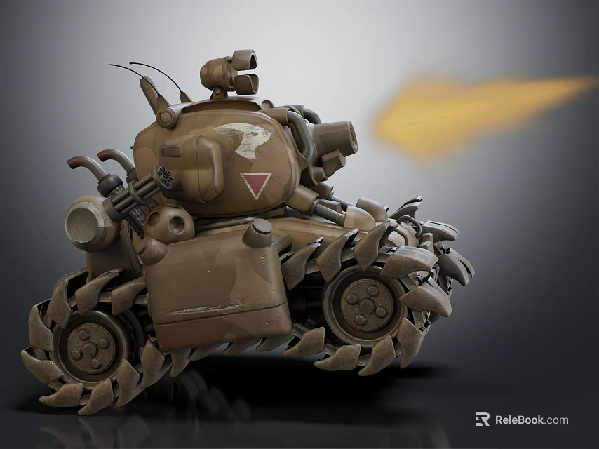 Brown Military Tank With Heavy Tracks Firing Cannon And Yellow Flame 3d model 