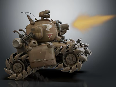 Brown Military Tank With Heavy Tracks Firing Cannon And Yellow Flame 3d model