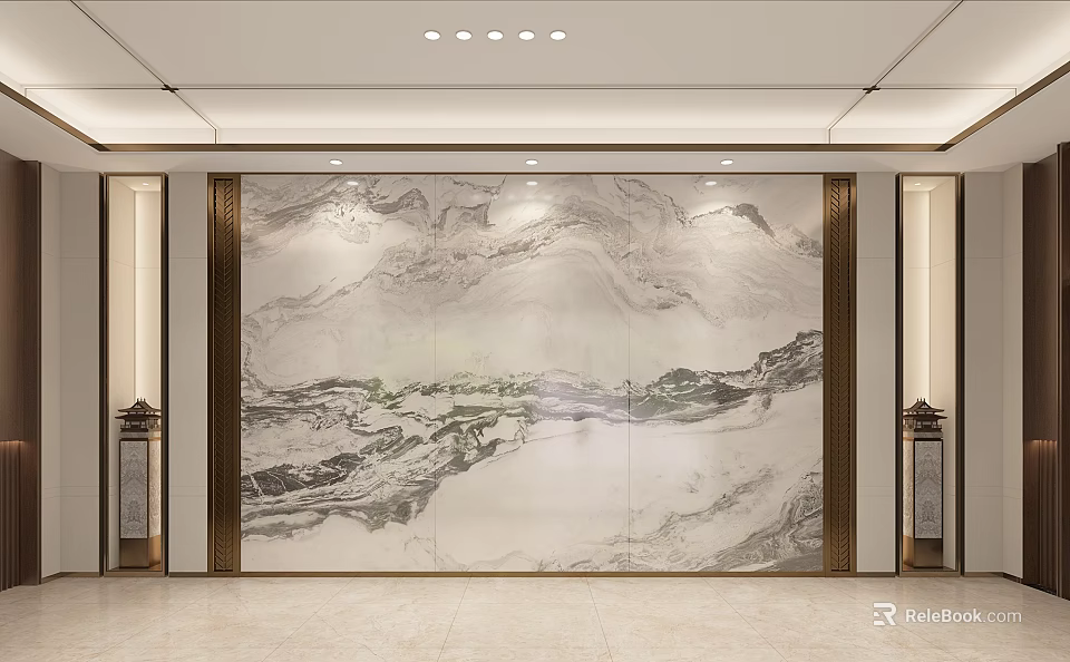 Modern Hotel Public Lounge Area With Large Marble Mural And Elegant Modern Interior Design 3d model 