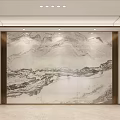 Modern Hotel Public Lounge Area With Large Marble Mural And Elegant Modern Interior Design