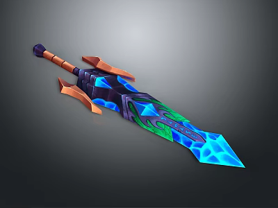 Fantasy Glowing Sword With Blue Green Blade And Orange Decorative Hilt Design 3d model