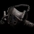 Vintage Metallic Gas Mask With Leather Strap Rusty Pipes And Circular Holes