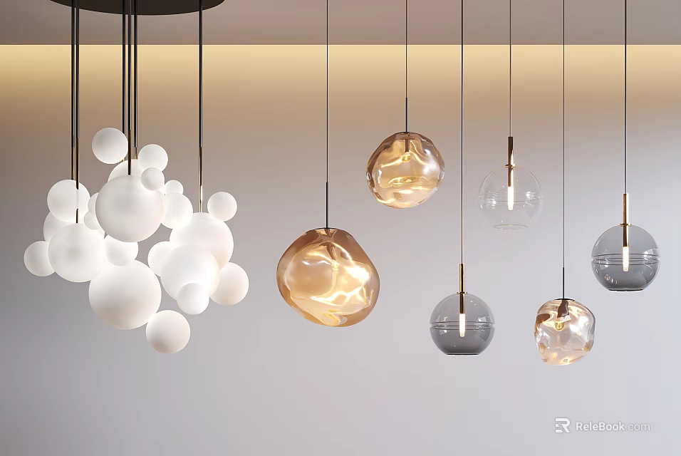 Modern Pendant Light Combination With White Spherical Golden Transparent Gray Glass Hanging Lamps 3d model 