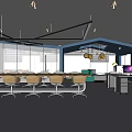 Modern Public Office Space Interior With Orange Blue Walls Pendant Lights Sofa And Tables