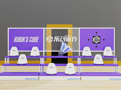 Modern Badminton Court With Purple Backdrop White Seats Logos Rackets And Shuttlecocks 3d model