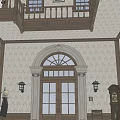 Vintage Style Elevator Hallway With Wooden Decor Arched Door Windows Wall Lamps And Rug