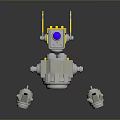 Game Movie Robot Character With Yellow Parts Blue Eye Floating And Small Side Robots
