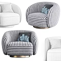 Black and White Striped Round Single Armchair With Abstract Pattern Pillow And Gold Base