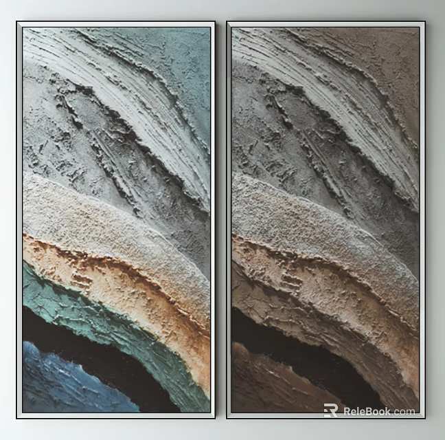 Abstract Textured Wall Art With Layered Green Gray Brown Blue Tones Side By Side Decorative Panels 3d model 