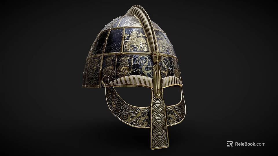 Ancient Ornate Helmet Featuring Intricate Metallic Patterns And Gold Decorative Details 3d model 