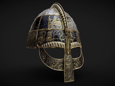 Ancient Ornate Helmet Featuring Intricate Metallic Patterns And Gold Decorative Details 3d model