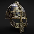 Ancient Ornate Helmet Featuring Intricate Metallic Patterns And Gold Decorative Details